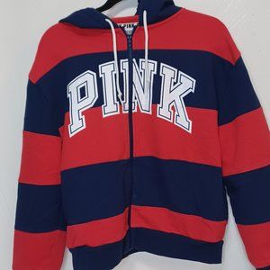 Pink Victoria Secret Bright Red/Blue Zip Up Logo Hoodie, size XS